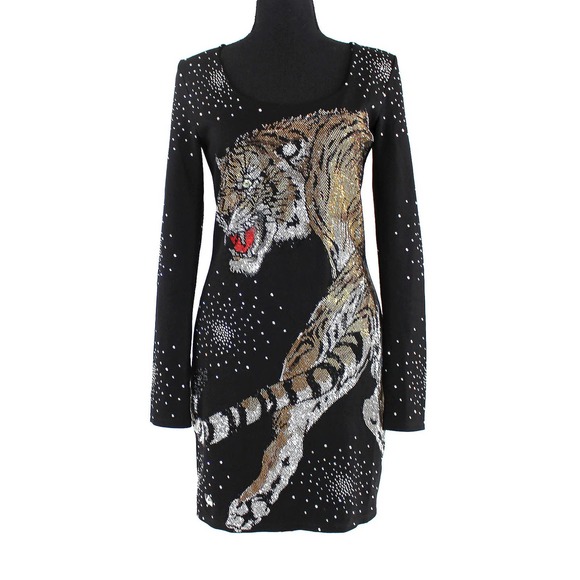 Philipp Plein Dresses & Skirts - Philipp Plein Black Embellished Tiger Long Sleeve Mini Dress Small Gold Couture